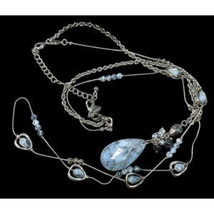Chico's Blue Stone Teardrop And Charm Silver Tone Chain Necklace